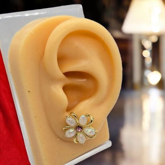 Camellia Flower Opalescent Earrings Gold Shimmer Pierced Ears Feminine Romantic - Picture 2 of 5